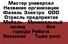 Мастер-универсал › Название организации ­ Фазиль Электро, ООО › Отрасль предприятия ­ Мебель › Минимальный оклад ­ 30 000 - Все города Работа » Вакансии   . Тыва респ.